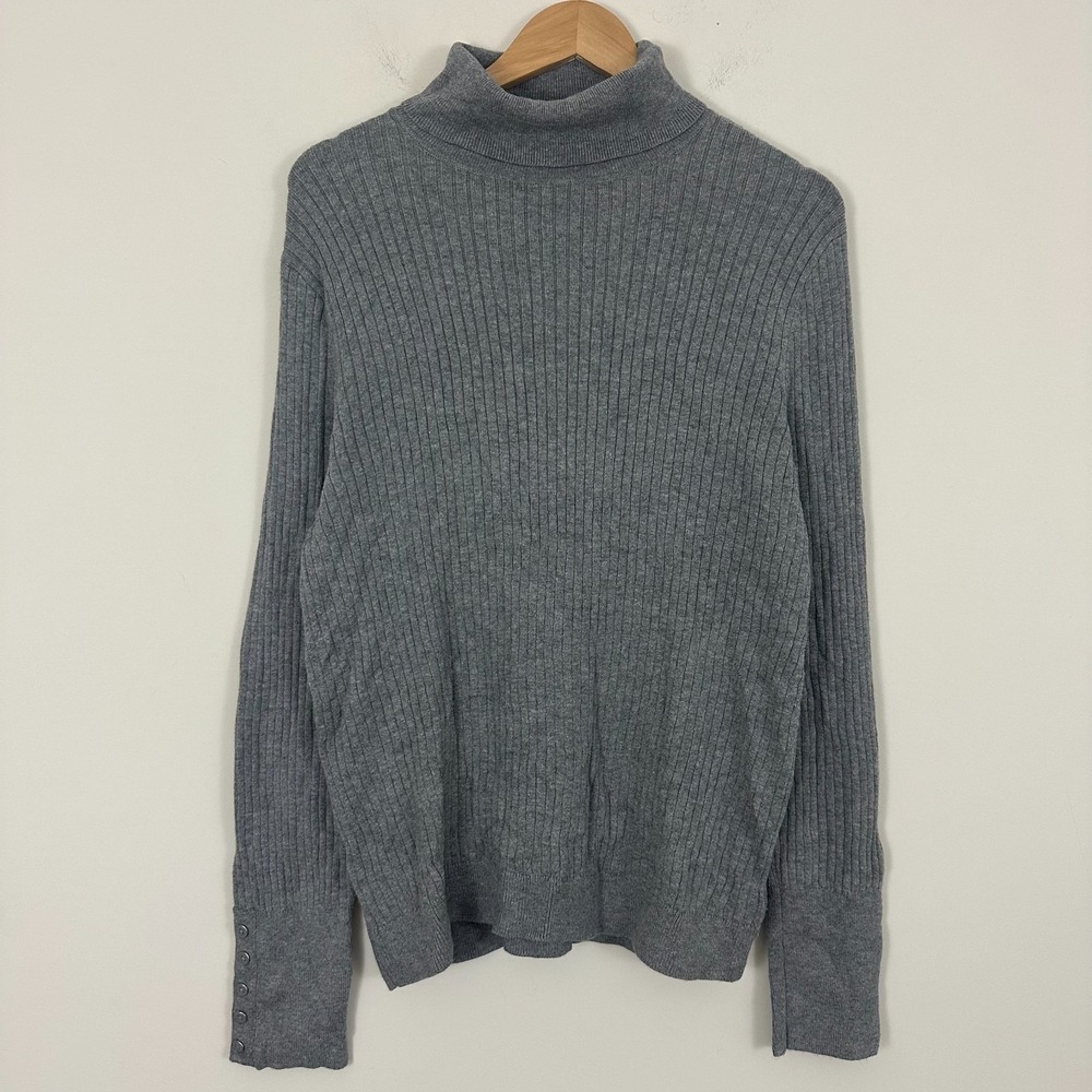 Talbots Button-Cuff Ribbed Knit Sweater Gray Cotton Turtleneck Pullover Women XL